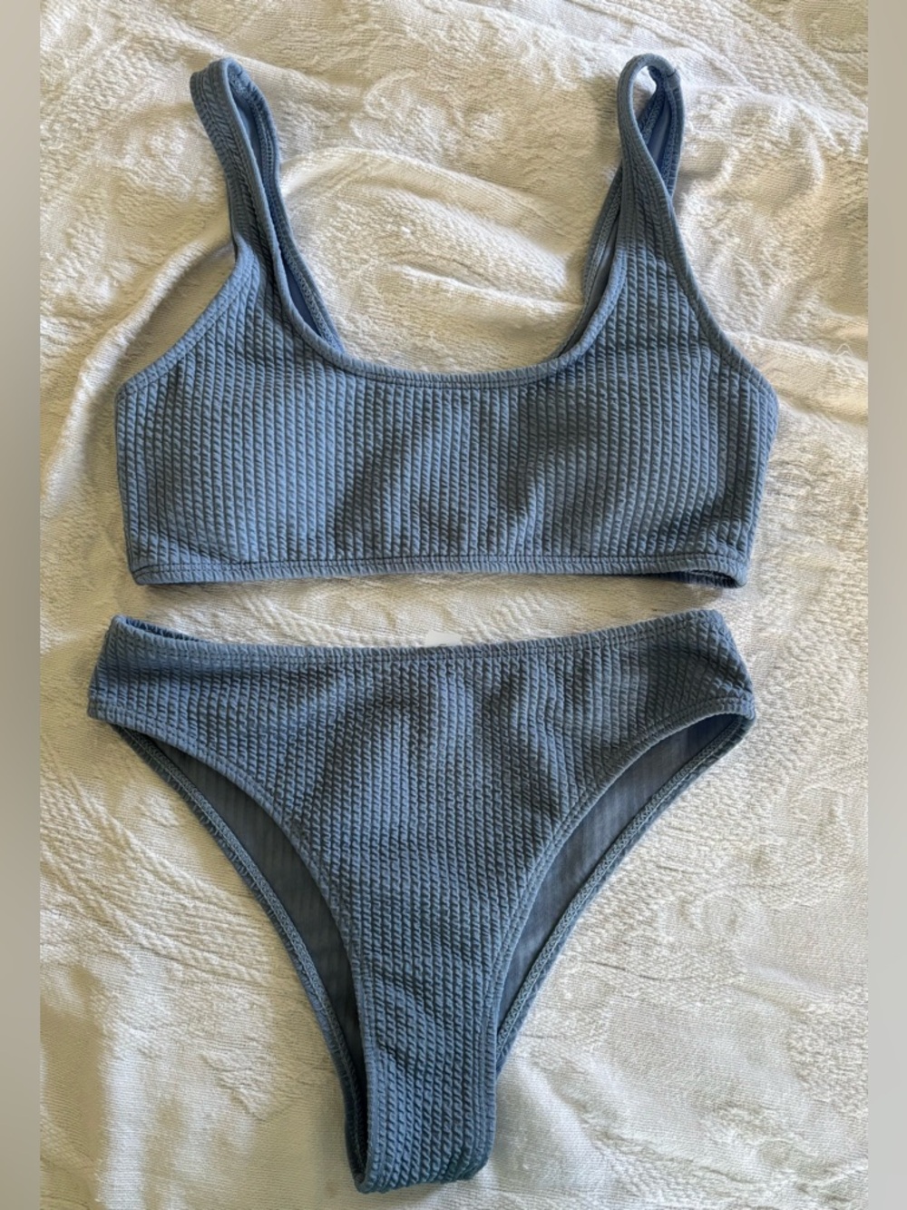 SHEIN Medium Blue Gray Bikini Set Tank Style Top Cheeky Bottoms Ribbed Vacation